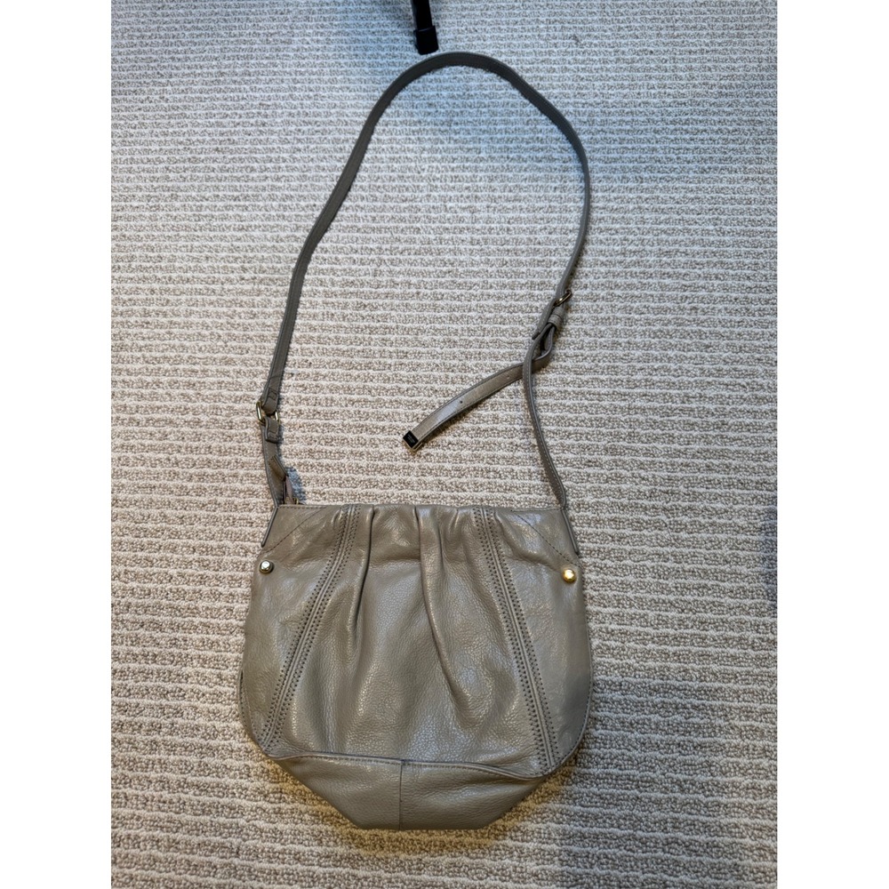 Perlina New York Taupe Leather‎ Crossbody Bag Pleated Whipstitch Leopard Lining